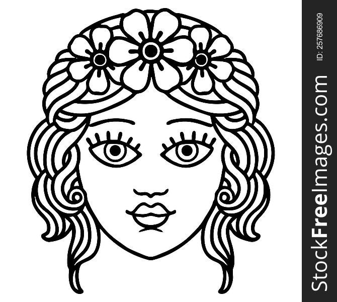 tattoo in black line style of female face with crown of flowers. tattoo in black line style of female face with crown of flowers