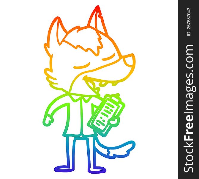 rainbow gradient line drawing of a cartoon saleman wolf laughing