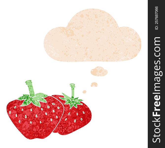 cartoon strawberry with thought bubble in grunge distressed retro textured style. cartoon strawberry with thought bubble in grunge distressed retro textured style