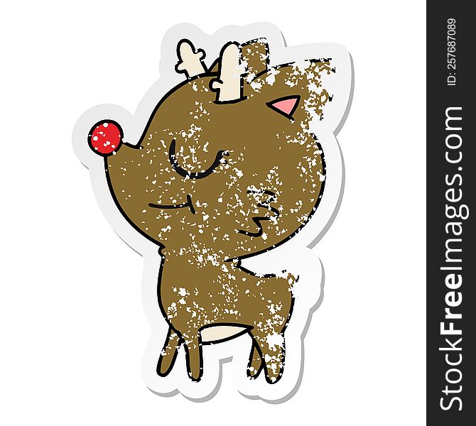 freehand drawn distressed sticker cartoon of cute red nosed reindeer