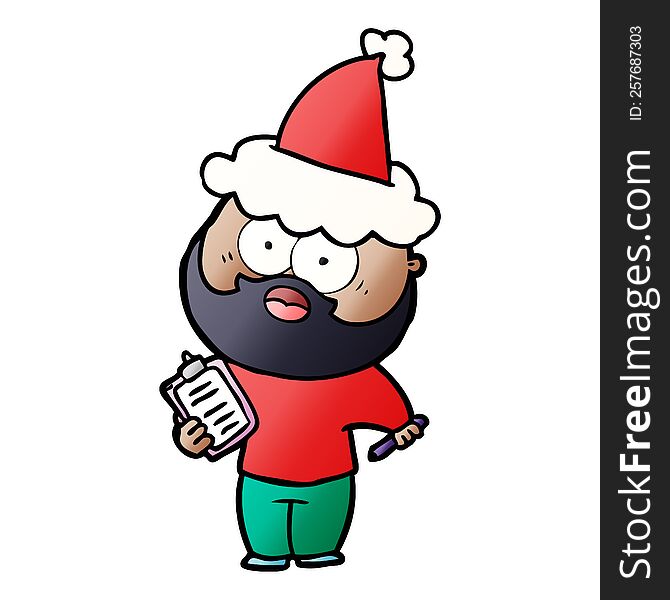 gradient cartoon of a bearded man with clipboard and pen wearing santa hat