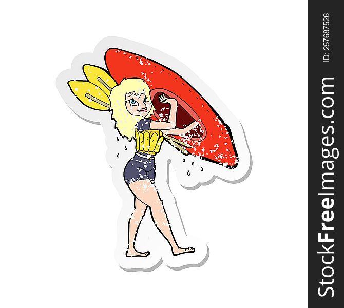 Retro Distressed Sticker Of A Cartoon Woman Carrying Canoe