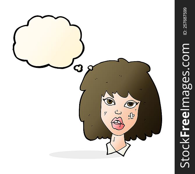 cartoon woman with bruised face with thought bubble