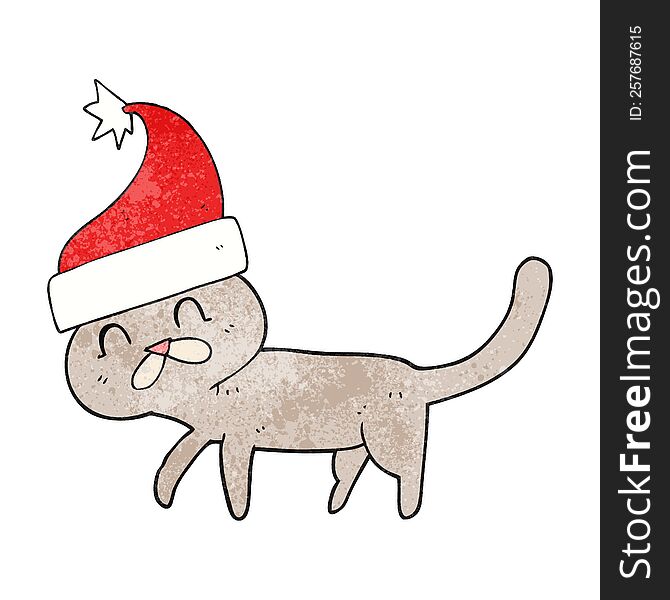 freehand textured cartoon cat wearing christmas hat