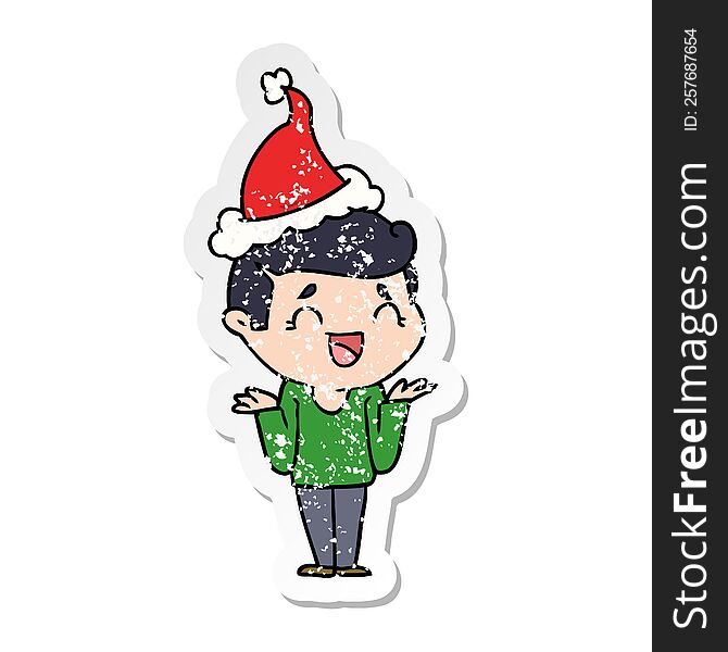 Distressed Sticker Cartoon Of A Laughing Confused Man Wearing Santa Hat
