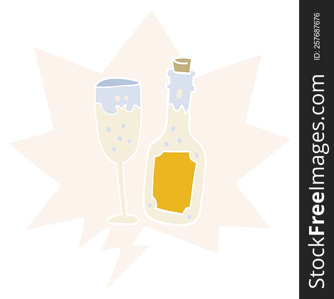 cartoon champagne bottle and glass with speech bubble in retro style