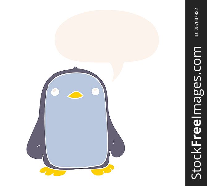 cute cartoon penguin with speech bubble in retro style