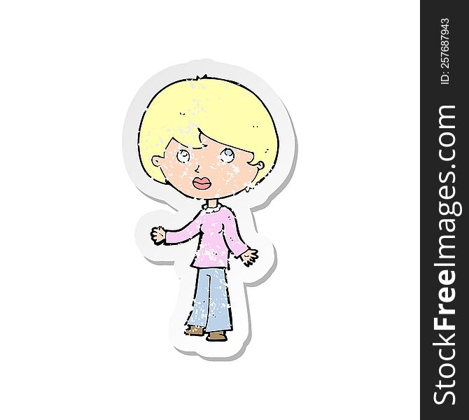 retro distressed sticker of a cartoon woman thinking