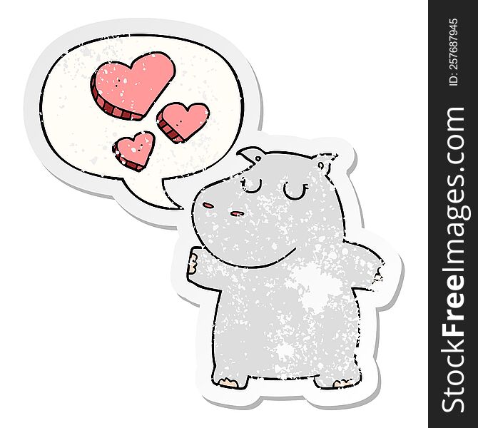 Cartoon Hippo In Love And Speech Bubble Distressed Sticker