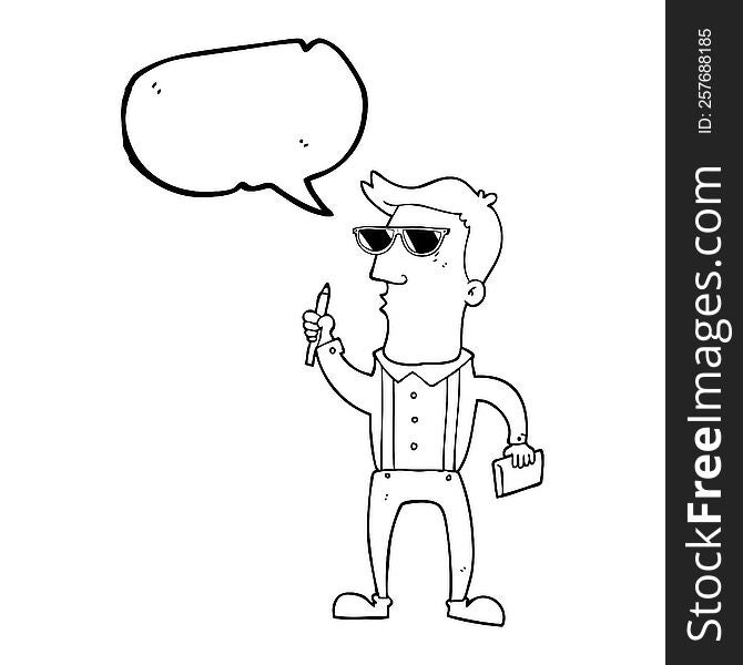 freehand drawn speech bubble cartoon man with notebook