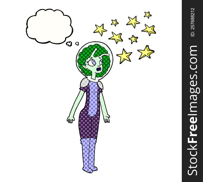 freehand drawn thought bubble cartoon alien space girl