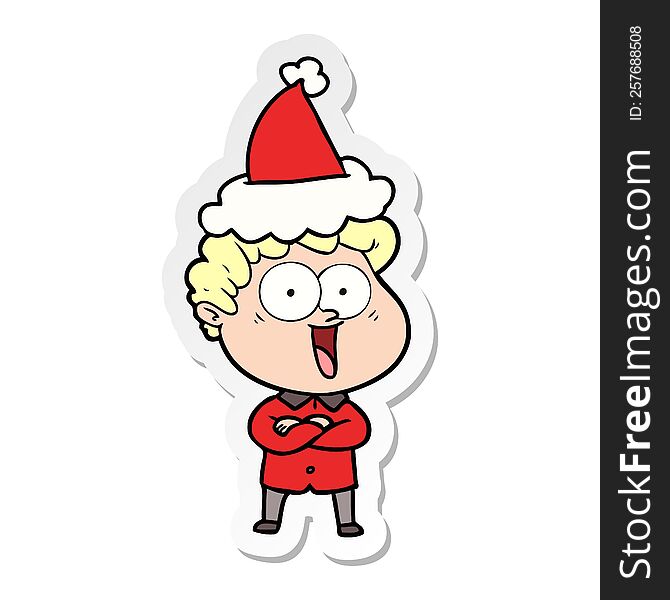 Sticker Cartoon Of A Happy Man Wearing Santa Hat