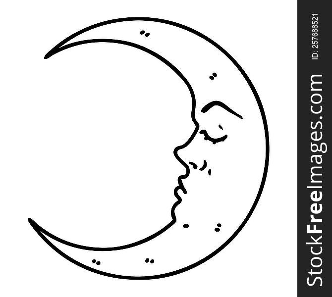 tattoo in black line style of a crescent moon. tattoo in black line style of a crescent moon