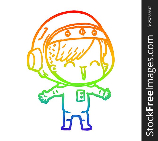 rainbow gradient line drawing of a cartoon laughing astronaut girl