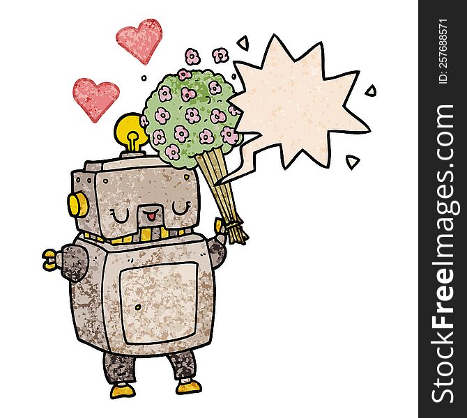 Cartoon Robot In Love And Speech Bubble In Retro Texture Style