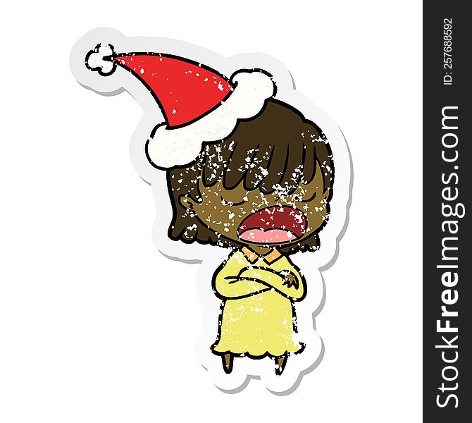 hand drawn distressed sticker cartoon of a woman talking loudly wearing santa hat