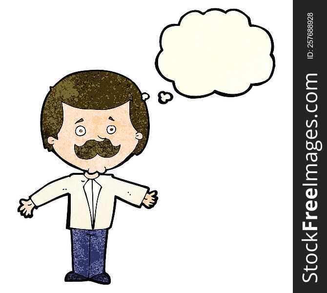 Cartoon Mustache Man With Open Arms With Thought Bubble