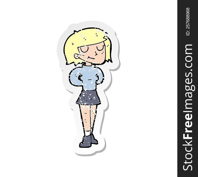 retro distressed sticker of a cartoon pleased woman