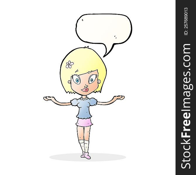 cartoon woman making balancing gesture with speech bubble