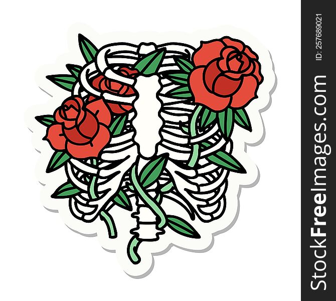 sticker of tattoo in traditional style of a rib cage and flowers. sticker of tattoo in traditional style of a rib cage and flowers