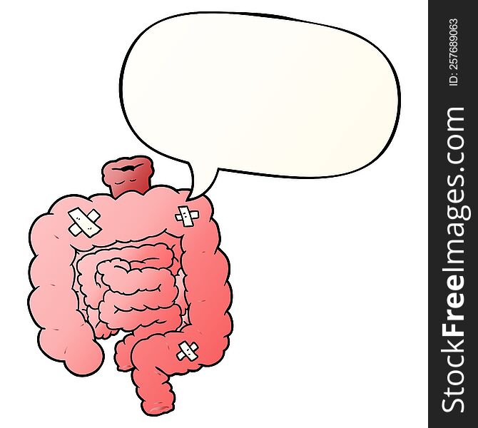 cartoon repaired intestines with speech bubble in smooth gradient style