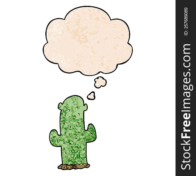 Cartoon Cactus And Thought Bubble In Grunge Texture Pattern Style