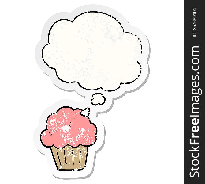 cartoon  muffin with thought bubble as a distressed worn sticker