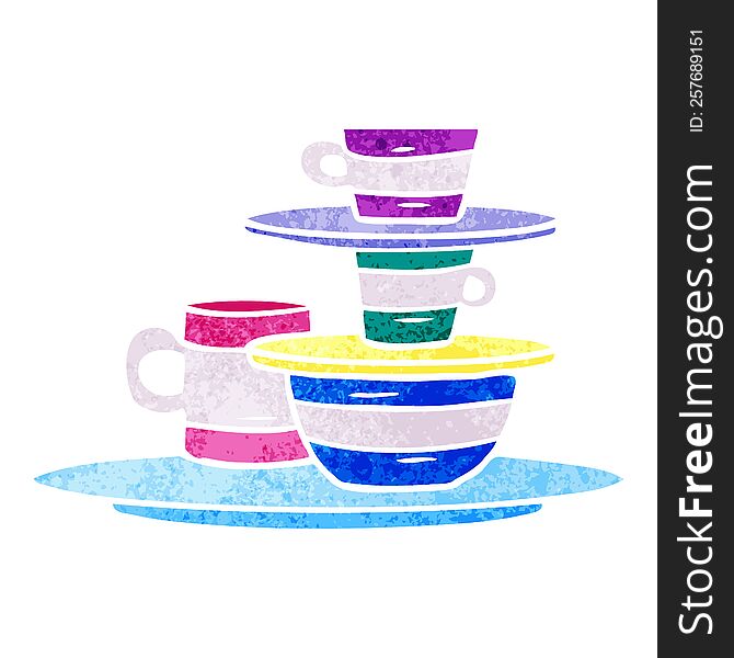 Retro Cartoon Doodle Of Colourful Bowls And Plates