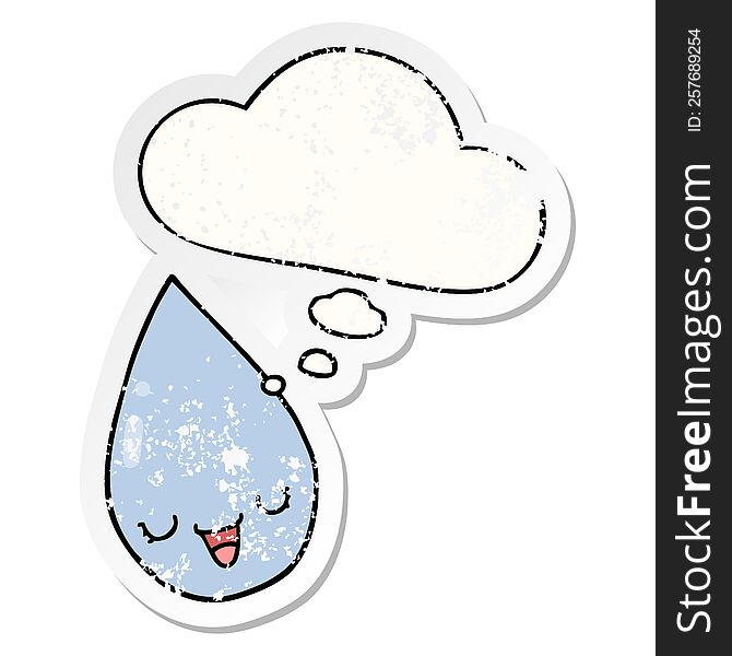 cartoon raindrop with thought bubble as a distressed worn sticker