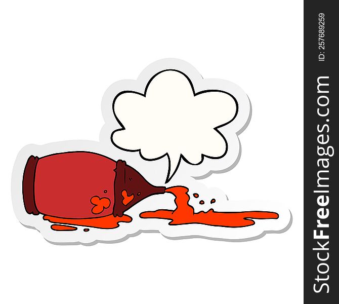 Cartoon Spilled Ketchup Bottle And Speech Bubble Sticker
