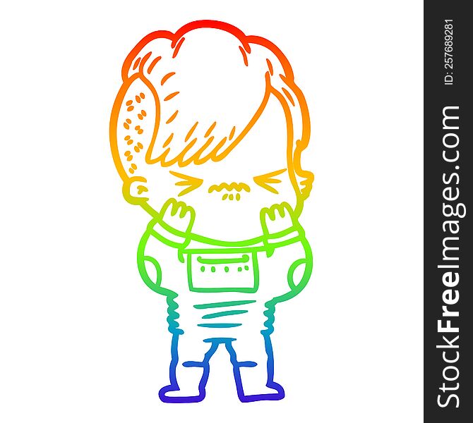 rainbow gradient line drawing cartoon annoyed hipster girl wearing space suit