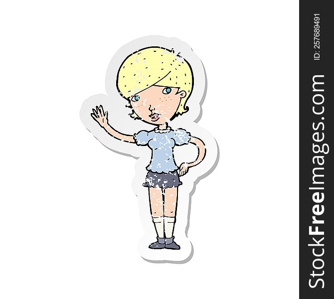 retro distressed sticker of a cartoon girl waving