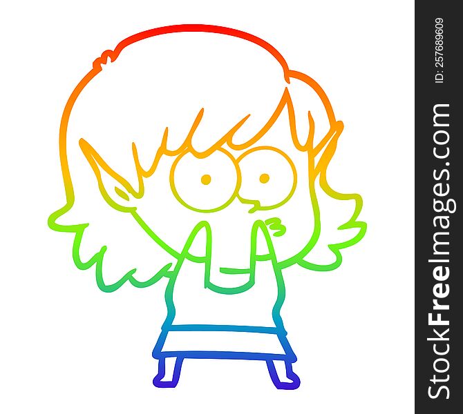 rainbow gradient line drawing of a cartoon elf girl staring