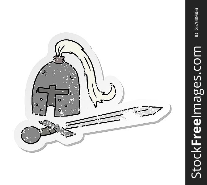 hand drawn distressed sticker cartoon doodle of a medieval helmet and sword