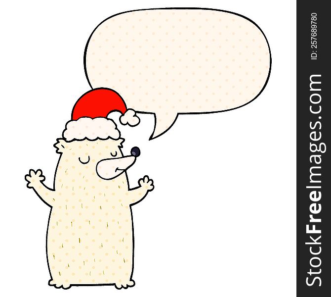 Cute Cartoon Christmas Bear And Speech Bubble In Comic Book Style