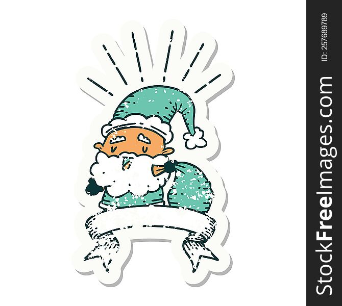 grunge sticker of tattoo style santa claus christmas character with sack