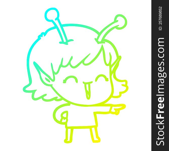 Cold Gradient Line Drawing Cartoon Alien Girl Laughing