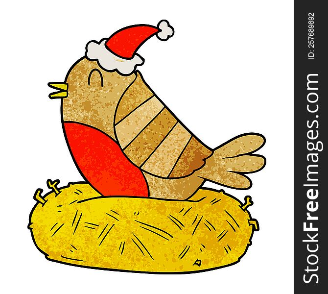 Textured Cartoon Of A Bird Sitting On Nest Wearing Santa Hat