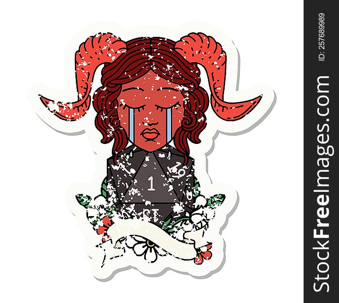 Crying Tiefling With Natural One D20 Roll Grunge Sticker