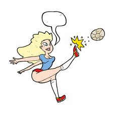 Cartoon Female Soccer Player Kicking Ball With Speech Bubble Royalty Free Stock Images