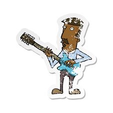 Retro Distressed Sticker Of A Cartoon Man Playing Electric Guitar Stock Photo