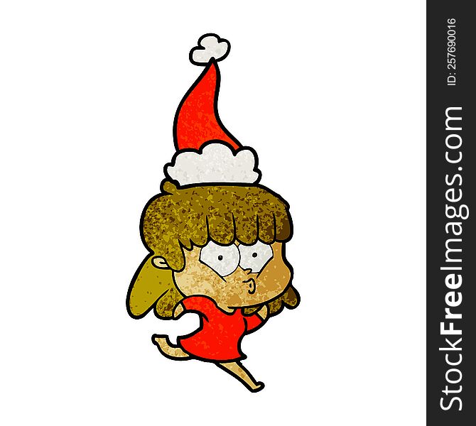hand drawn textured cartoon of a whistling girl wearing santa hat