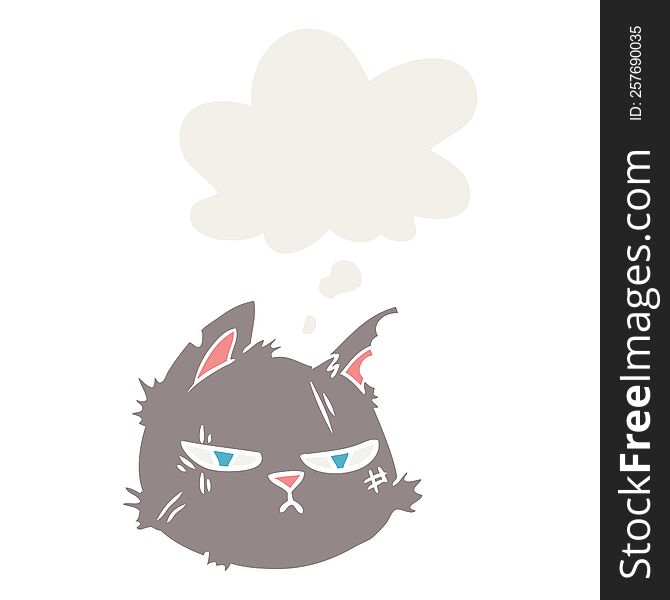 cartoon tough cat face with thought bubble in retro style