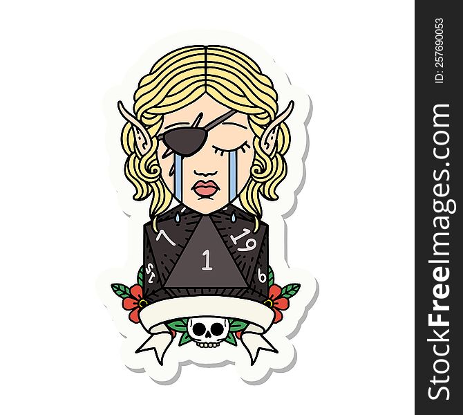 Crying Elf Rogue Character With Natural One D20 Roll Sticker