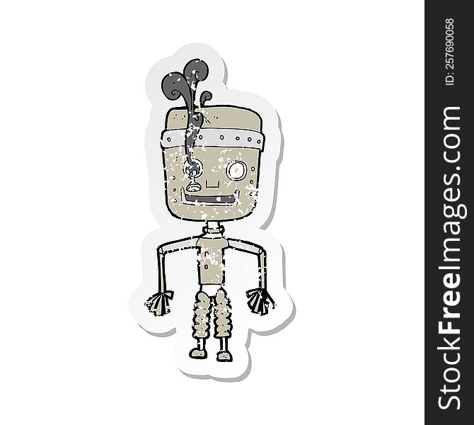 Retro Distressed Sticker Of A Cartoon Malfunctioning Robot