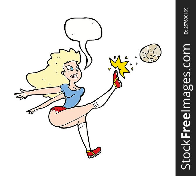 cartoon female soccer player kicking ball with speech bubble