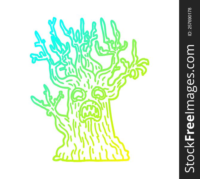 cold gradient line drawing of a cartoon spooky tree