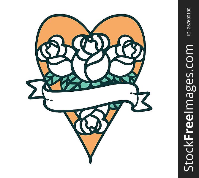 iconic tattoo style image of a heart and banner with flowers. iconic tattoo style image of a heart and banner with flowers