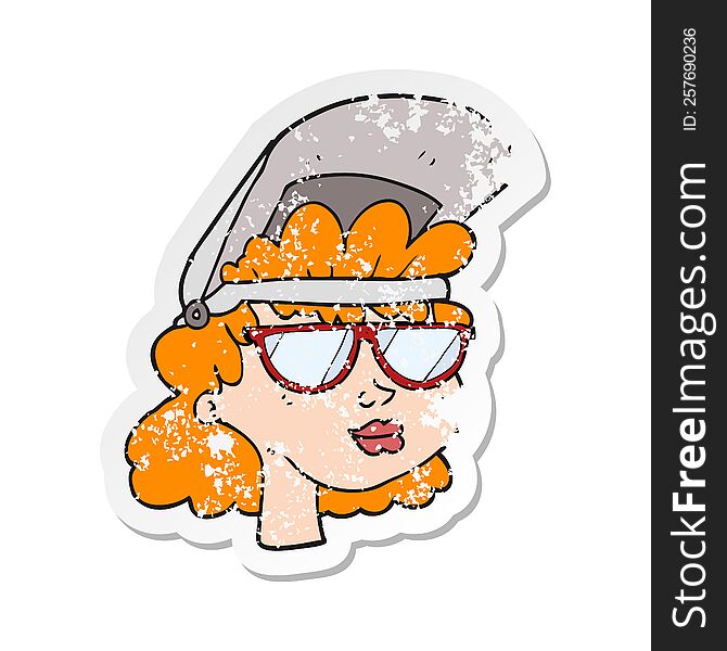 retro distressed sticker of a cartoon woman with welding mask and glasses