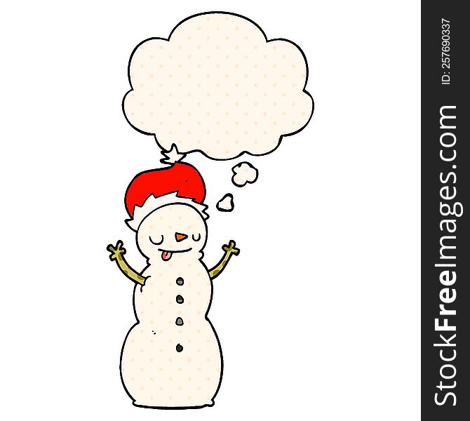 Cartoon Christmas Snowman And Thought Bubble In Comic Book Style